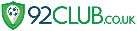 Logo der Webseite 92club.co.uk mit einem Fußball und einer Kartenmarkierung auf einer Schildgrafik.