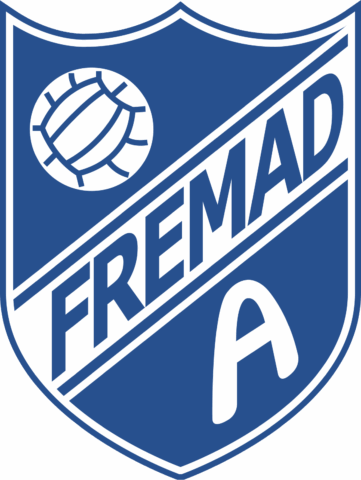Logo von Fremad Amager, einer dänischen Fußballmannschaft, in blau und weiß mit einem Fußballsymbol.